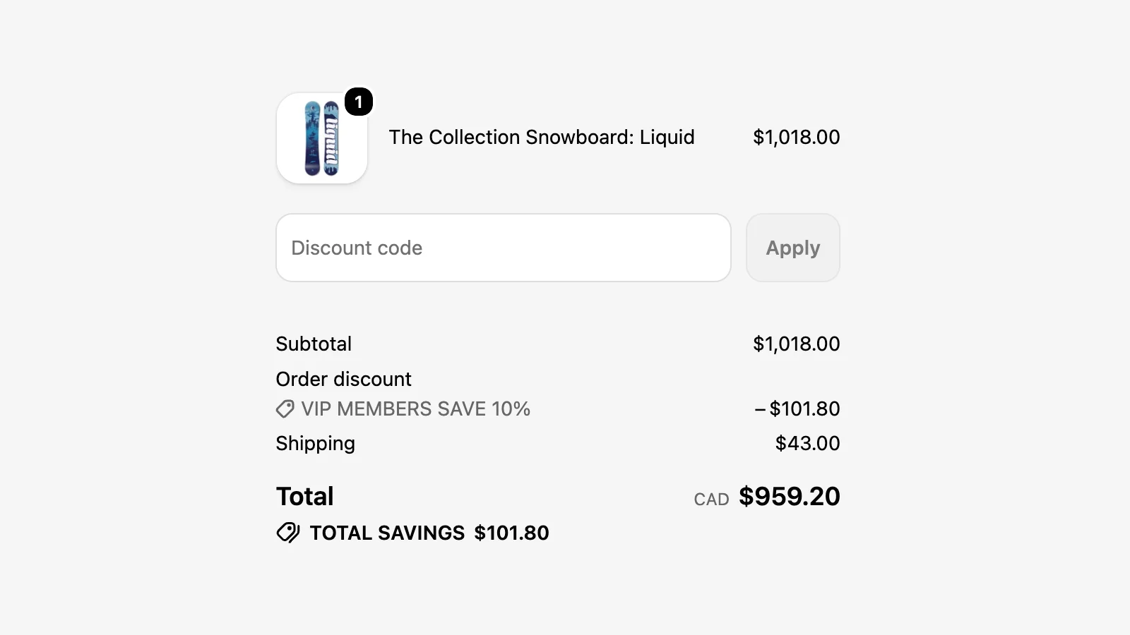 A Shopify checkout with a VIP discount applied automatically